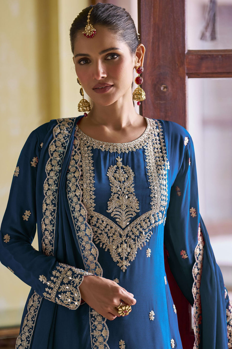 Blue Chinon Silk Kameez With Pant For Indian & Pakistani Wedding Festival - Sequins Embroidery Work, Dori Work