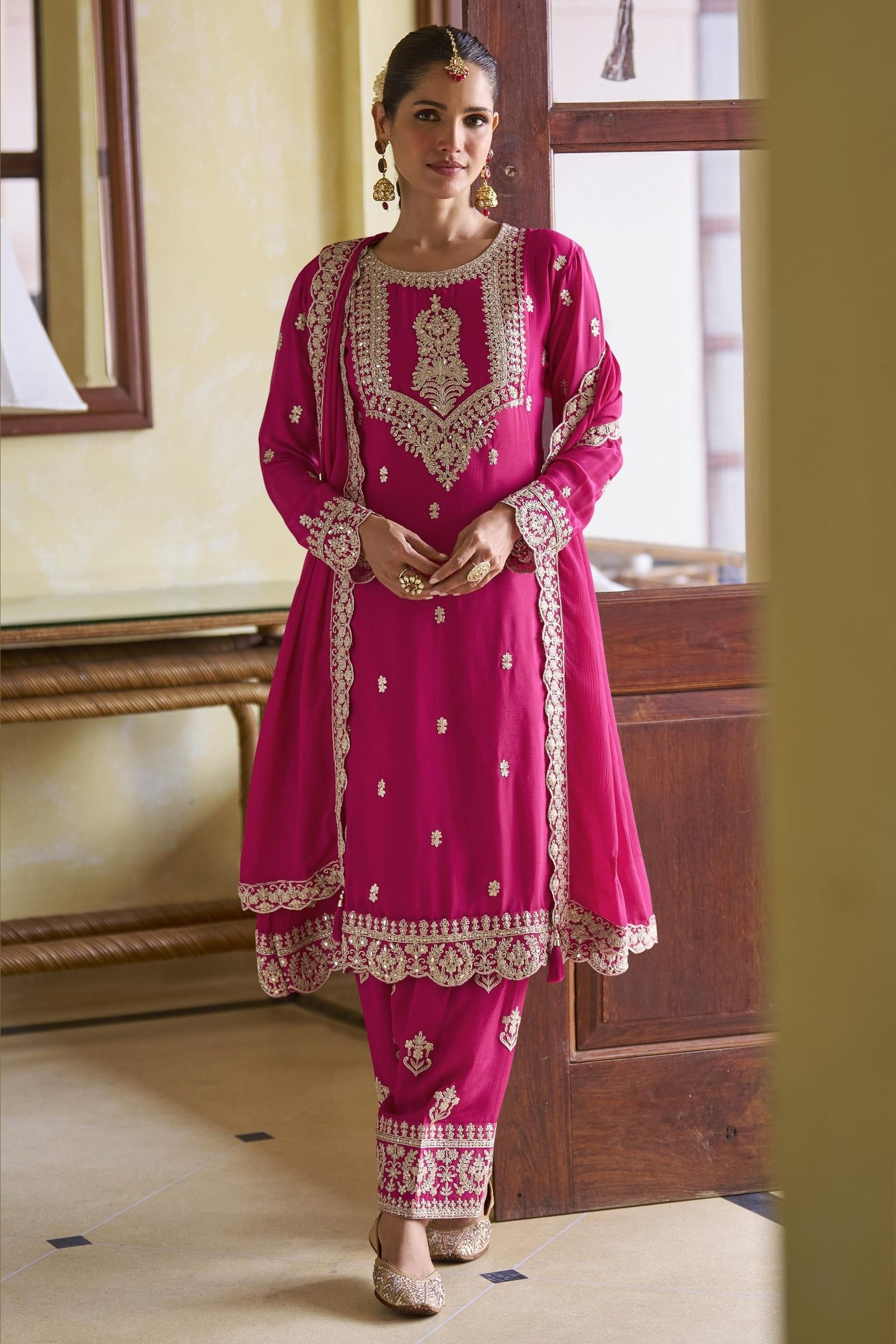 Pink Chinon Silk Kameez With Pant For Indian & Pakistani Wedding Festival - Sequins Embroidery Work, Dori Work