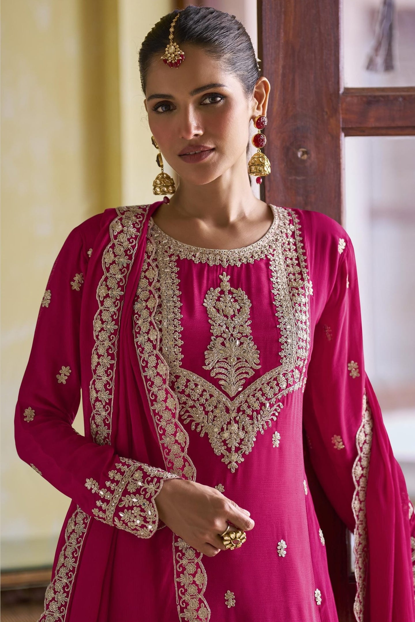 Pink Chinon Silk Kameez With Pant For Indian & Pakistani Wedding Festival - Sequins Embroidery Work, Dori Work