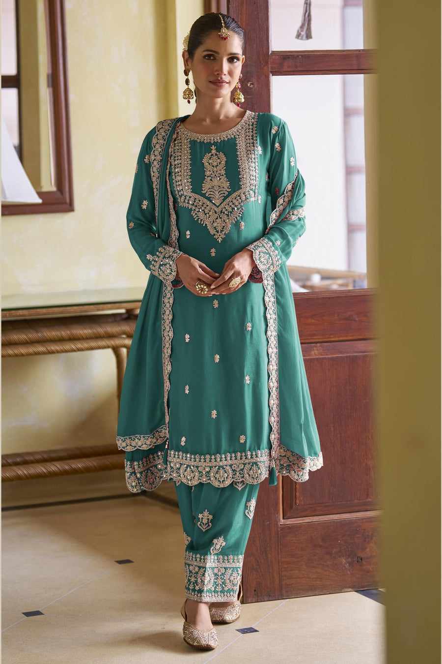 Teal Chinon Silk Kameez With Pant For Indian & Pakistani Wedding Festival - Sequins Embroidery Work, Dori Work
