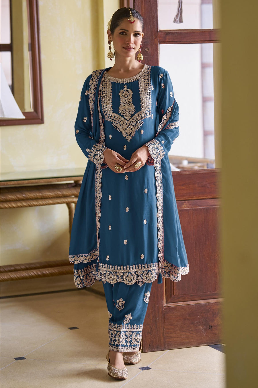 Blue Chinon Silk Kameez With Pant For Indian & Pakistani Wedding Festival - Sequins Embroidery Work, Dori Work