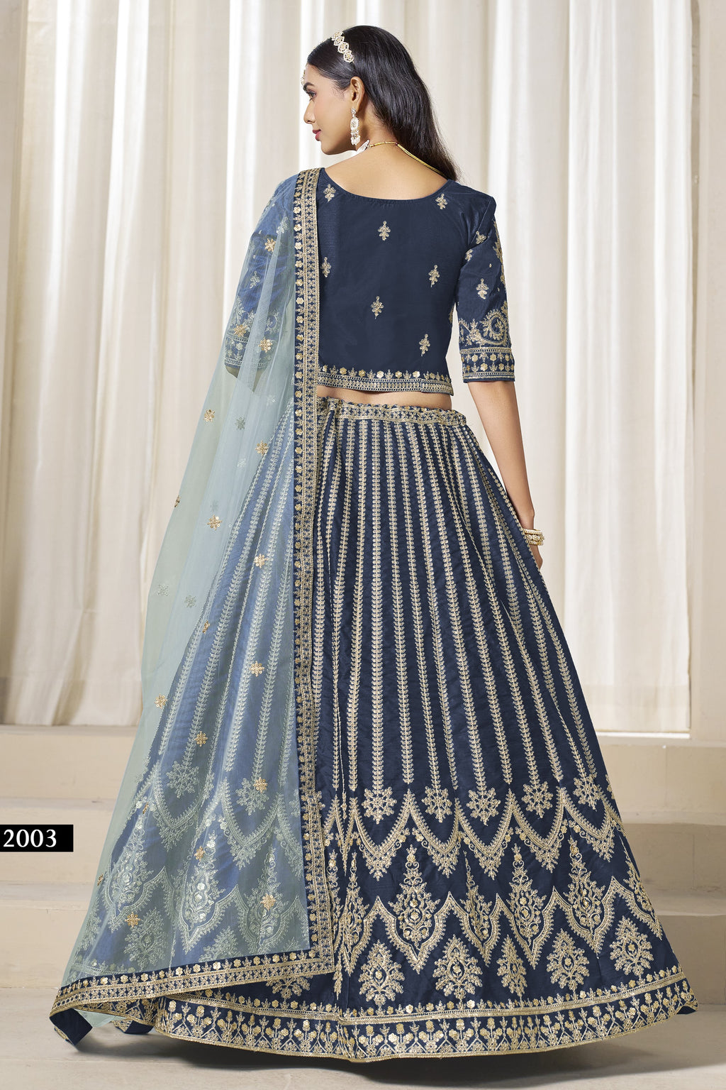 Navy Blue Art Silk Lehenga Choli For Indian & Pakistani Wedding Festival - Thread & Sequence Embroidery Work