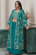 Teal Georgette Palazzo with Choli & Jacket For Wedding & Indian Festival - Embroidery Work