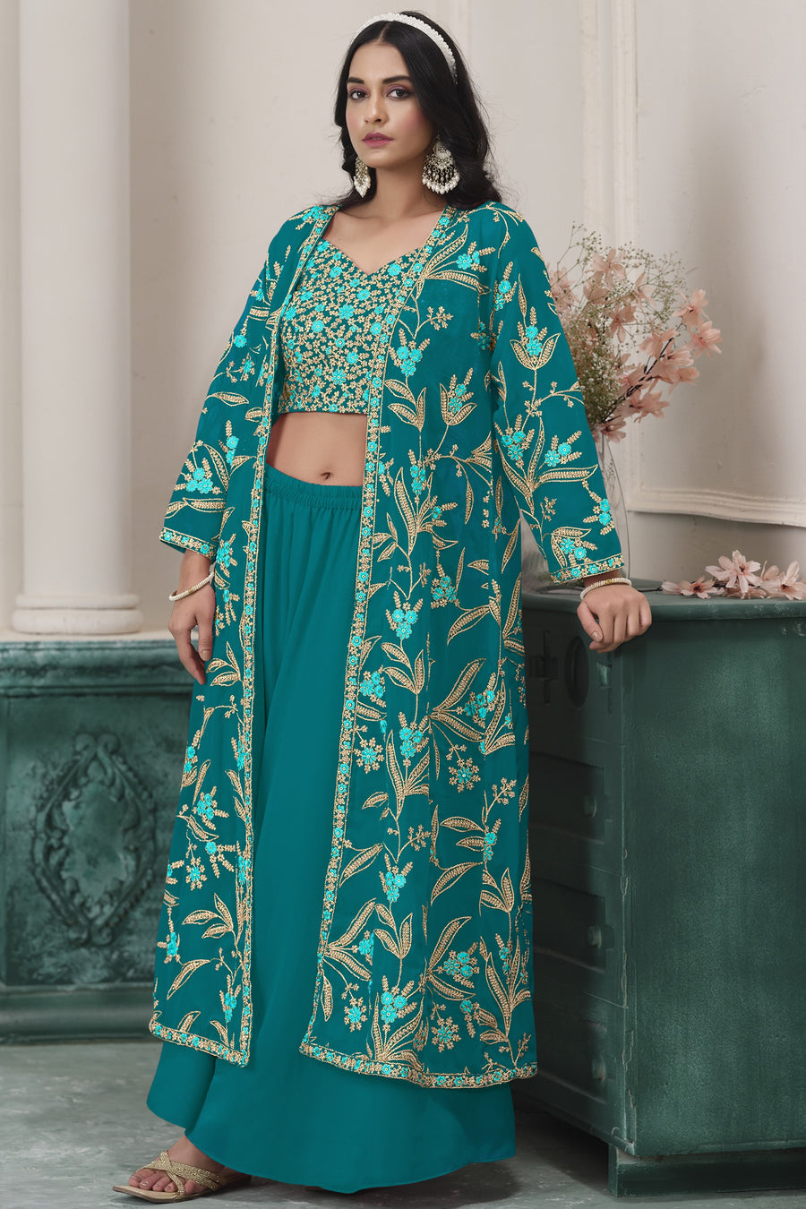 Teal Georgette Palazzo with Choli & Jacket For Wedding & Indian Festival - Embroidery Work