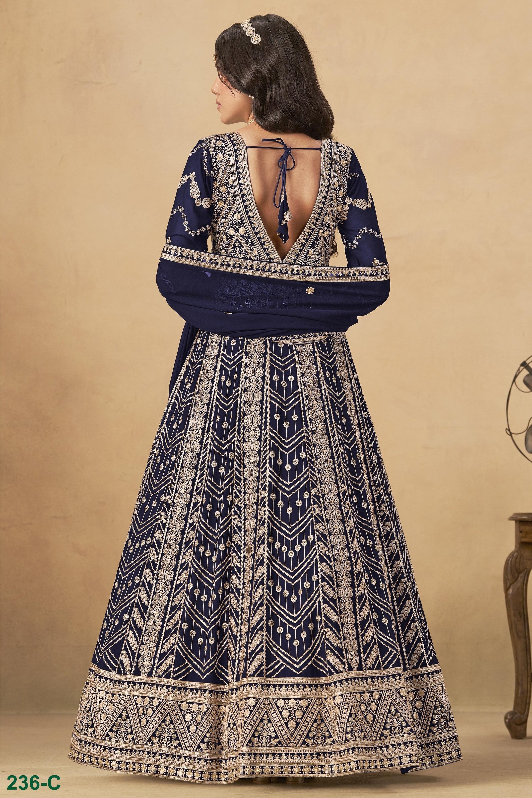 Navy Blue Georgette Anarkali Suit For Indian & Pakistani Wedding Festival - Thread & Sequins Embroidery Work