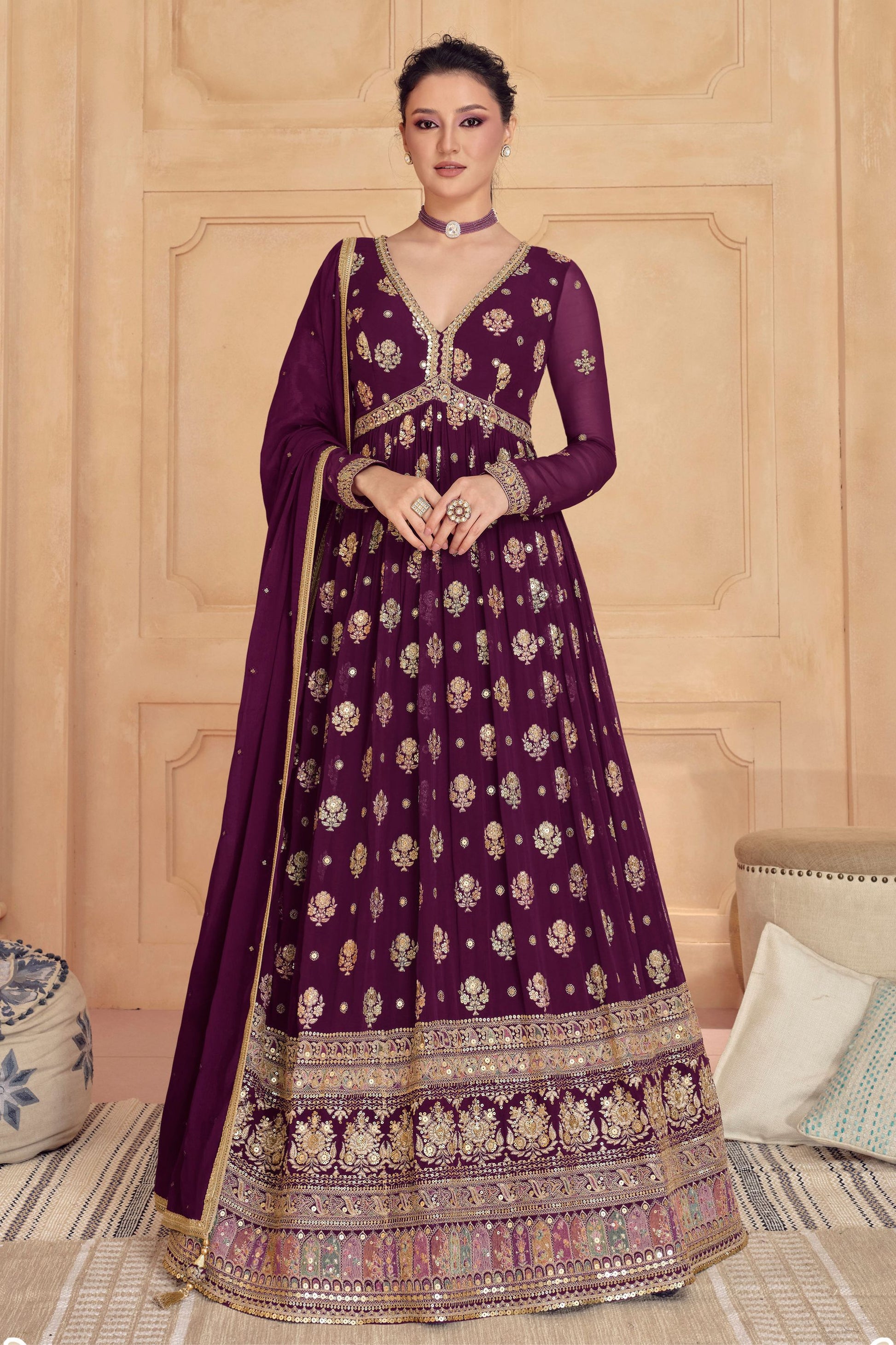 Maroon Georgette Full Floor Length Anarkali Gown For Indian Festivals & Weddings - Embroidery Work