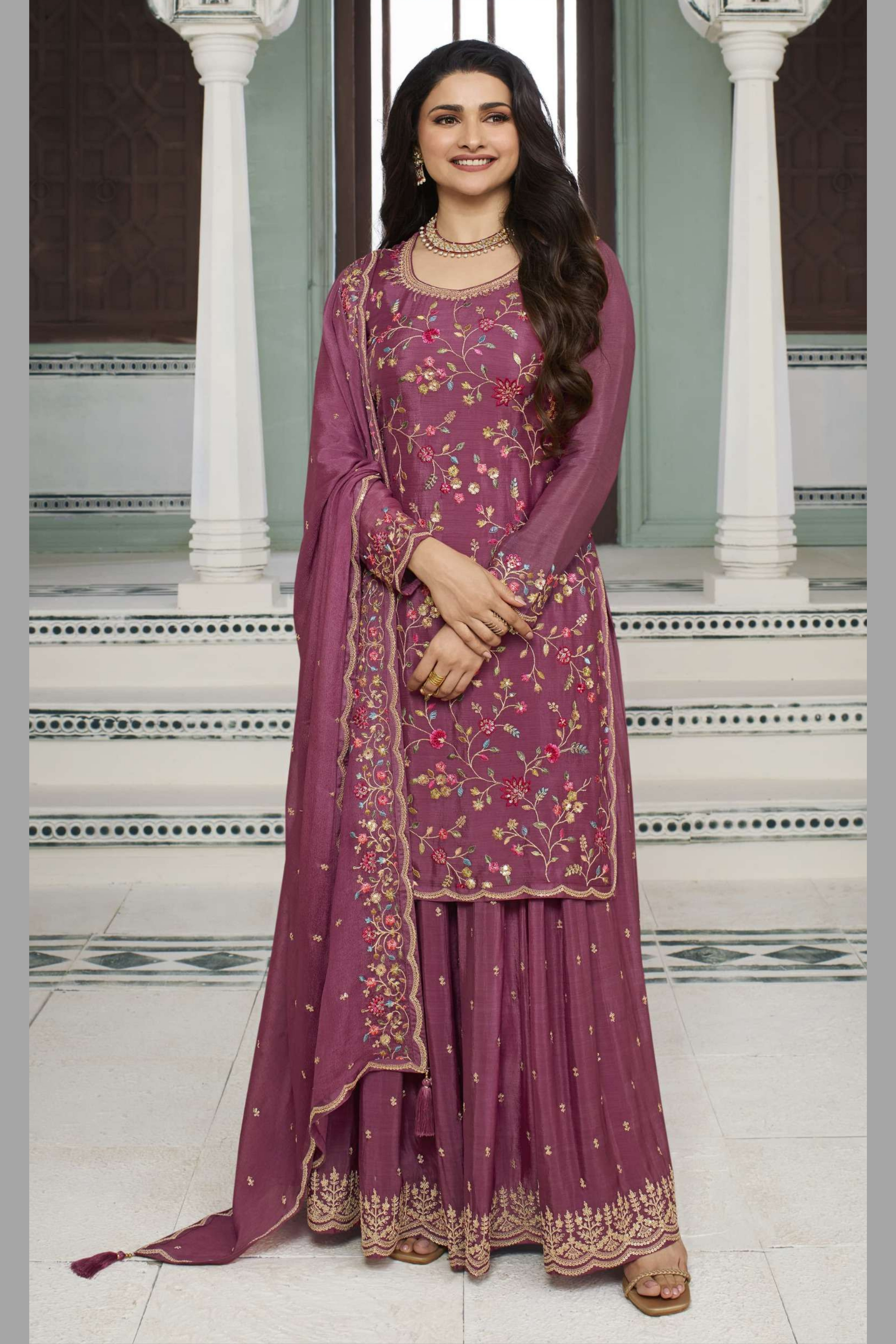 Maroon Chinon Silk Floral Plazo Suit For Indian Festivals & Pakistani Weddings Dress - Embroidery Work