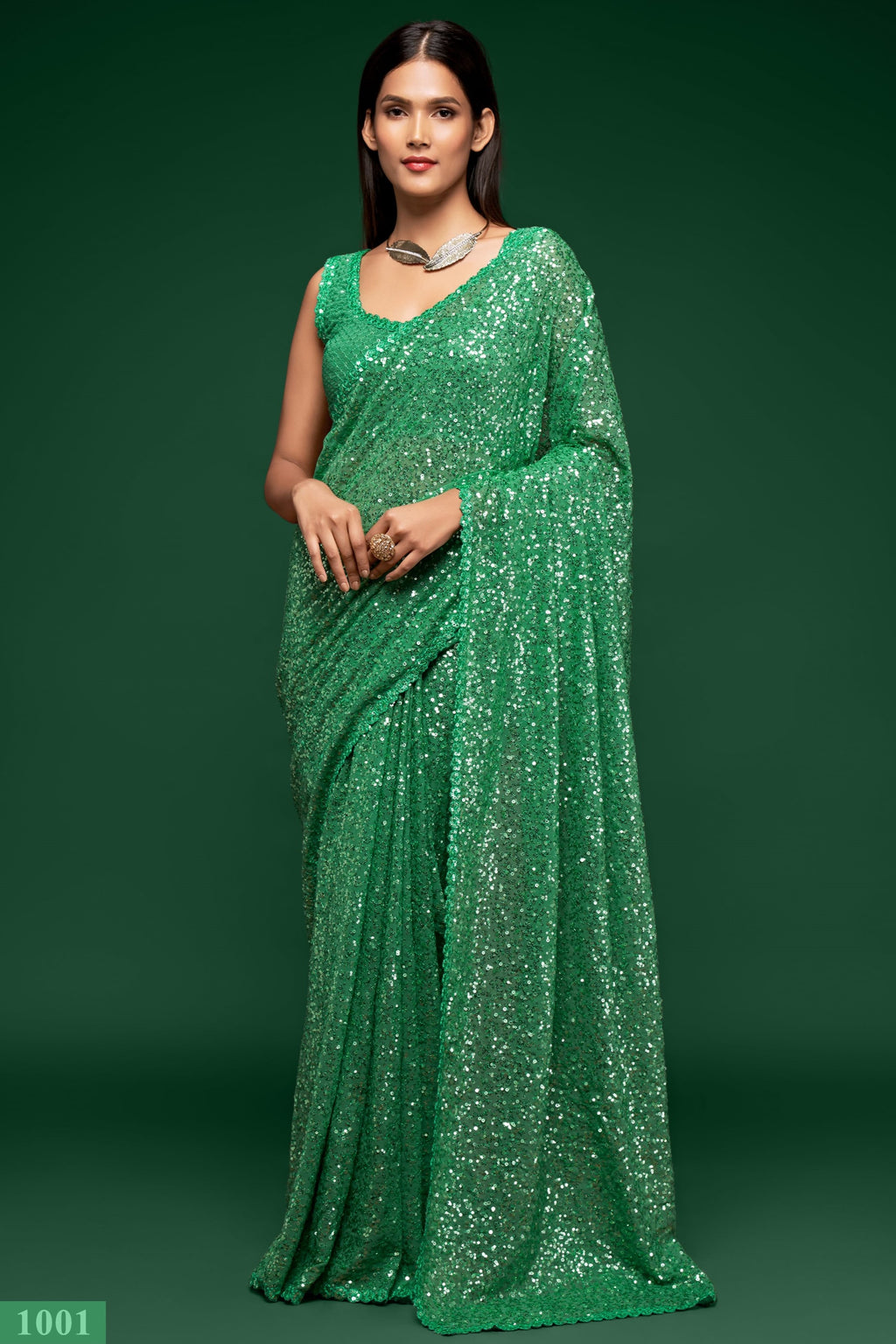 Green Georgette Party Wear Saree with Sequin Blouse and Underskirt