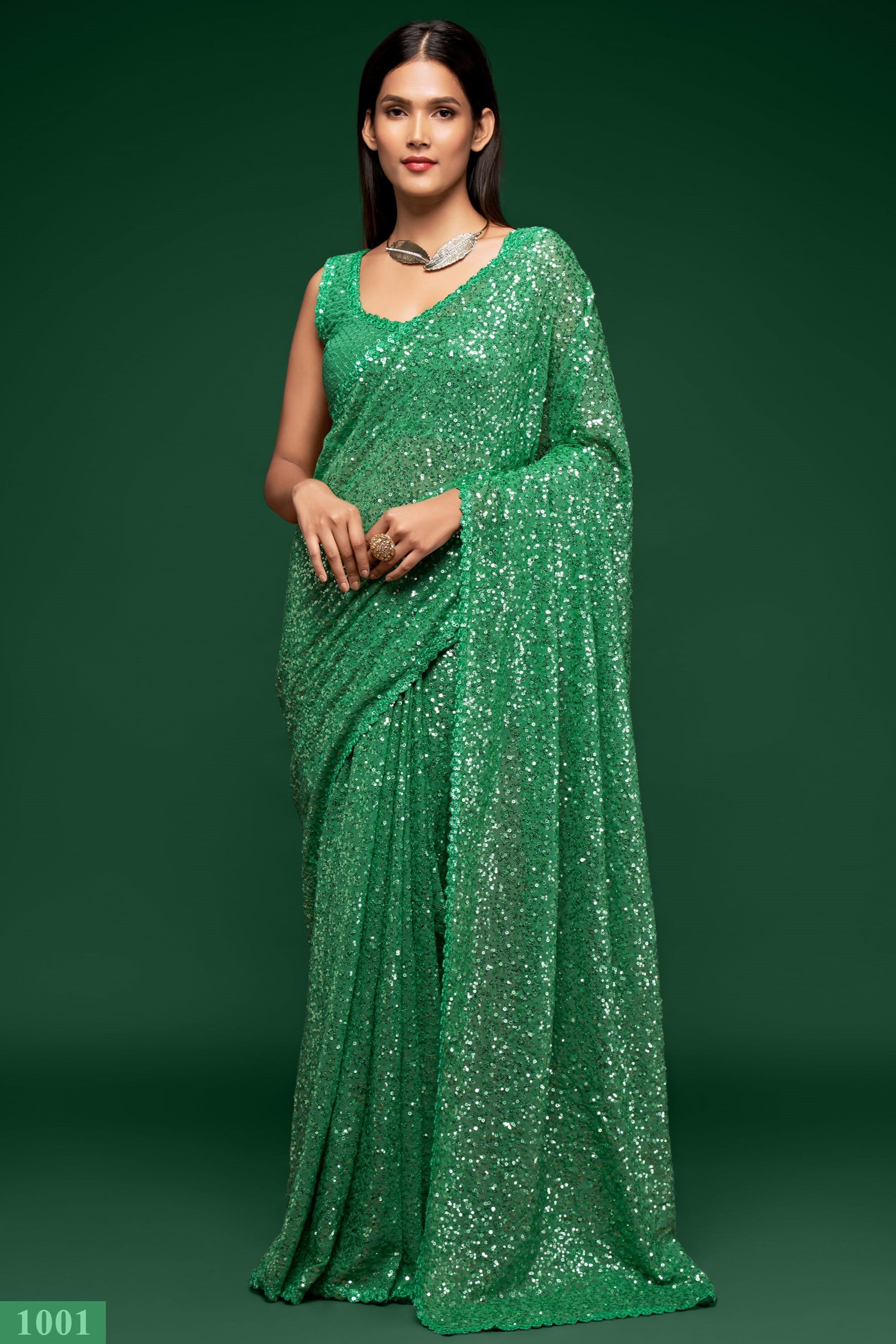 Green Georgette Party Wear Saree with Sequin Blouse and Underskirt