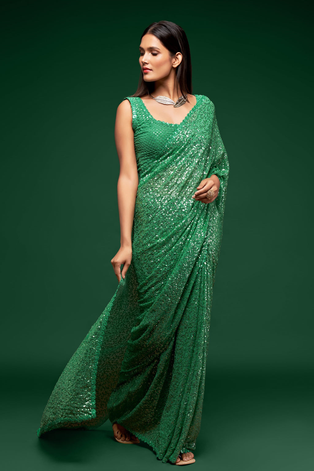 Green Georgette Party Wear Saree with Sequin Blouse and Underskirt