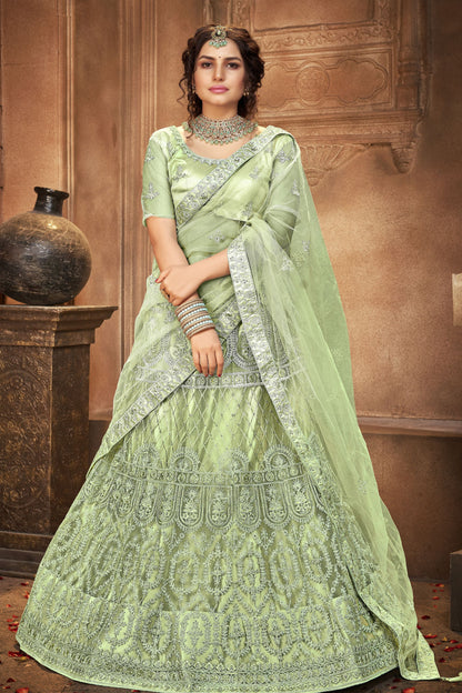 Green Pakistani Net Lehenga Choli For Indian Festivals & Weddings - Sequence Embroidery Work, Thread Embroidery Work,