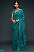 Teal Georgette Party Wear Saree with Sequins Embroidery