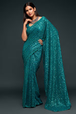 Teal Georgette Sequins Saree for Party with Blouse & Underskirt