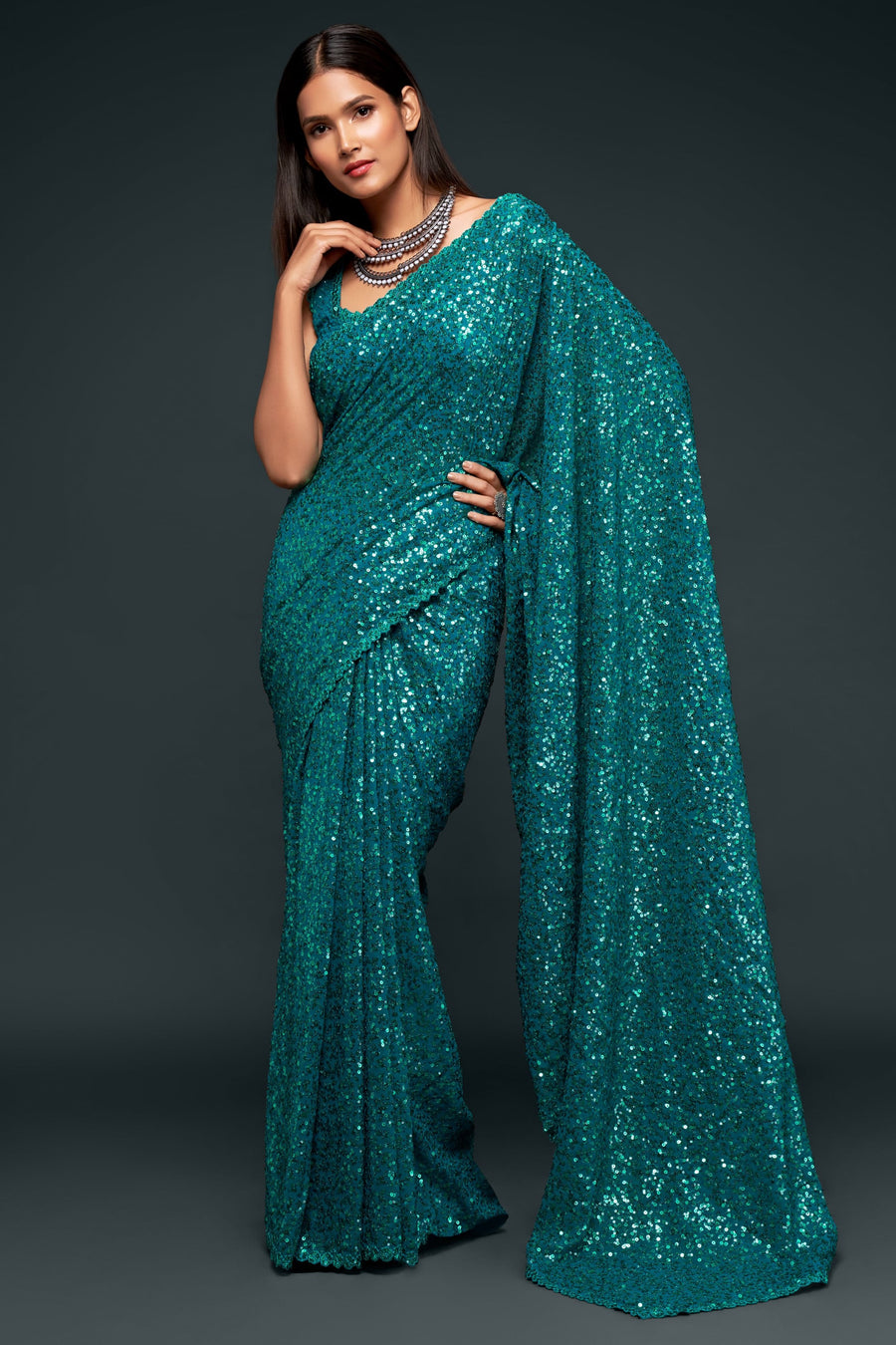 Teal Georgette Party Wear Saree with Sequins Embroidery