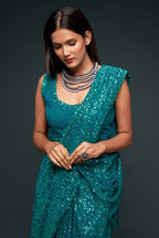 Teal Georgette Party Wear Saree with Sequins Embroidery
