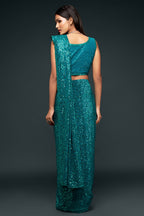 Teal Georgette Party Wear Saree with Sequins Embroidery