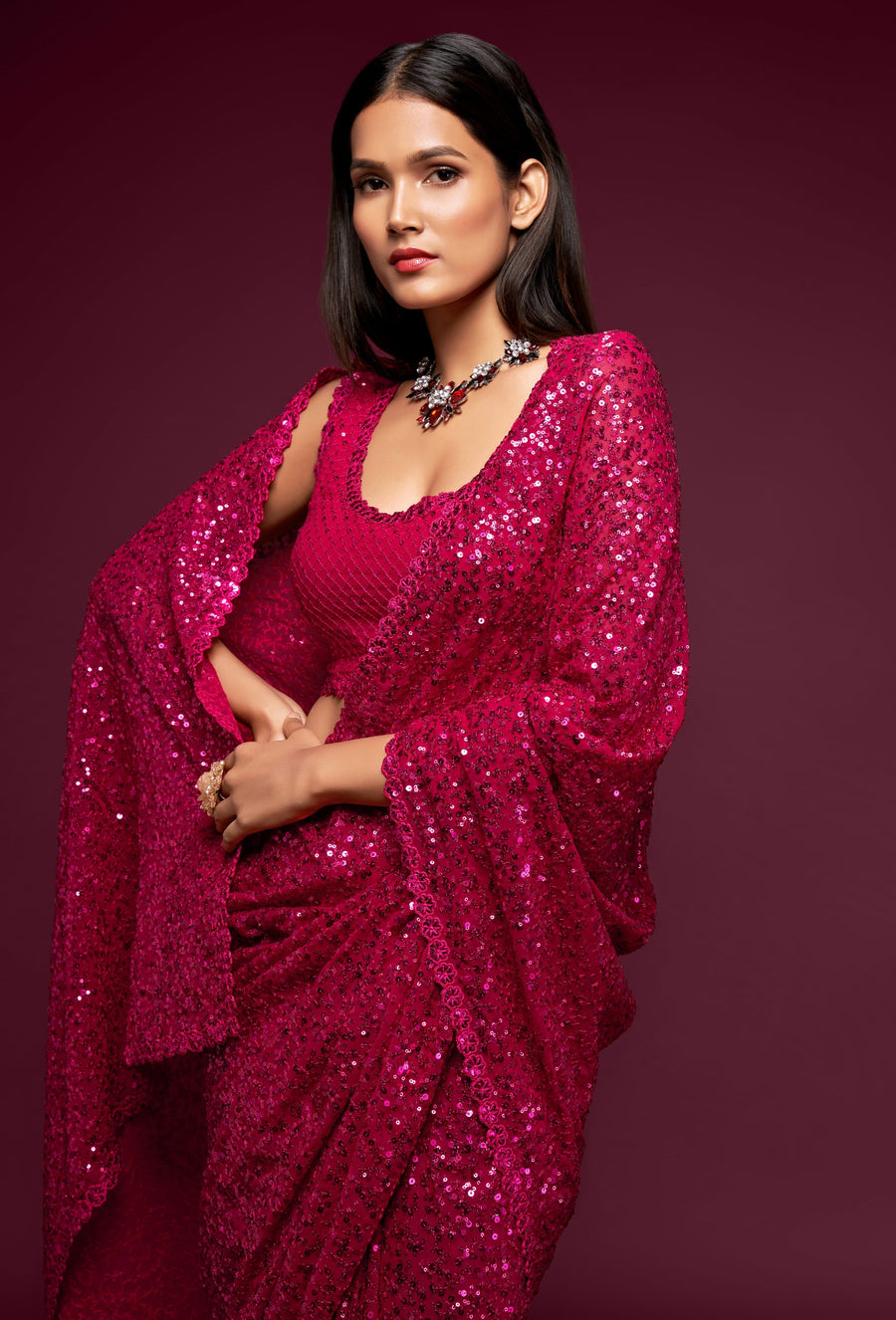 Magenta Georgette Party Wear Saree with Sequins Embroidery