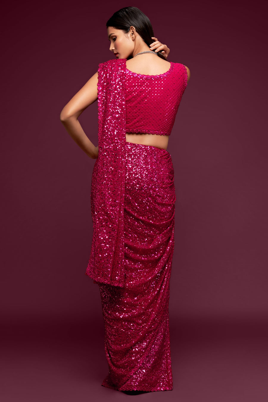 Magenta Georgette Party Wear Saree with Sequins Embroidery