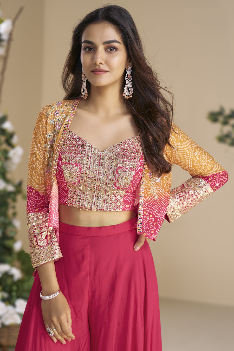 Pink Chinon Silk Palazzo Choli With Jacket For Indian & Pakistani Wedding Festival - Thread & Sequins Embroidery Work, Print Work