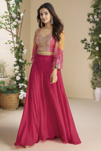 Pink Chinon Silk Palazzo Choli With Jacket For Indian & Pakistani Wedding Festival - Thread & Sequins Embroidery Work, Print Work