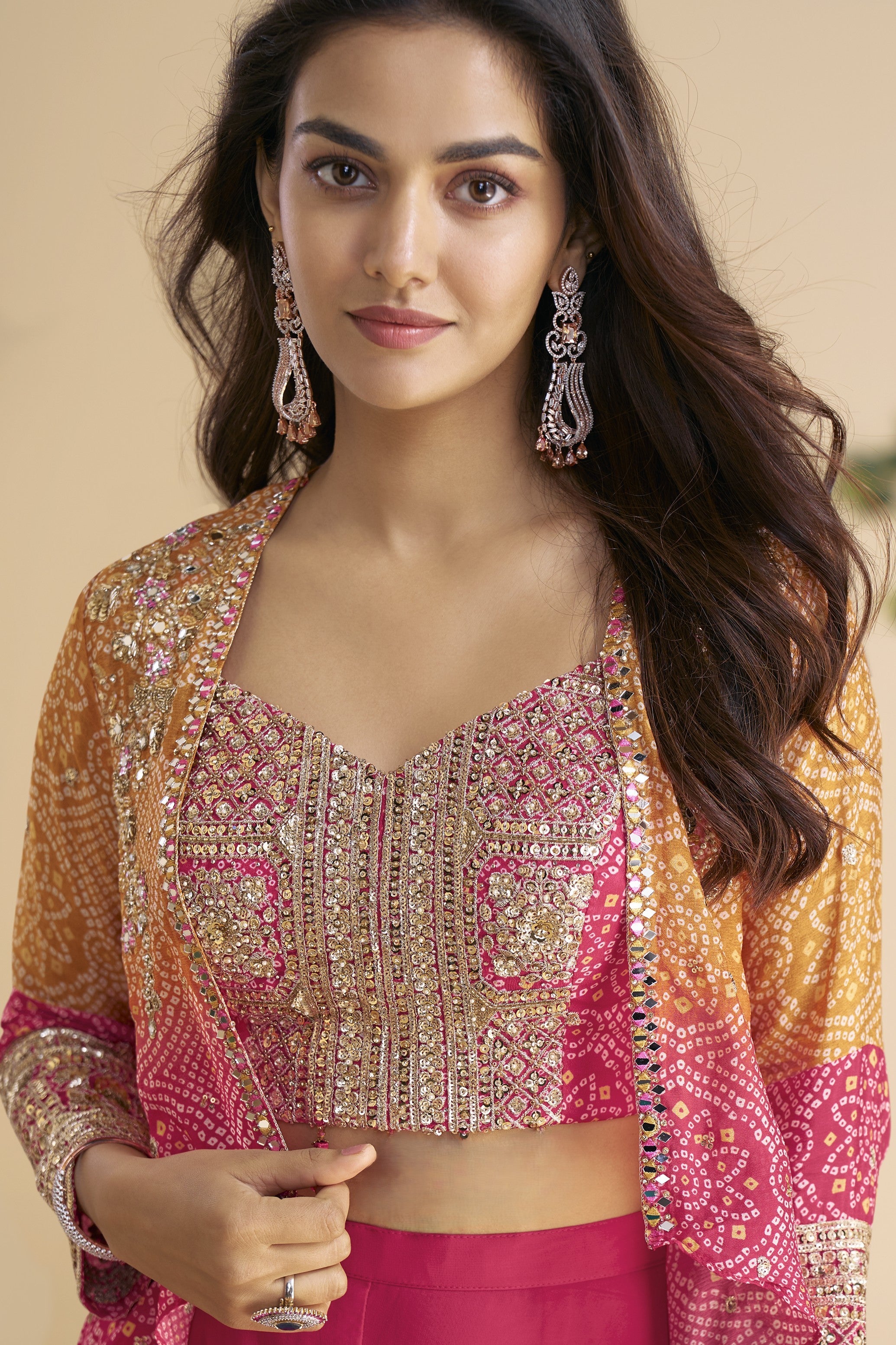 Pink Chinon Silk Palazzo Choli With Jacket For Indian & Pakistani Wedding Festival - Thread & Sequins Embroidery Work, Print Work