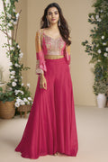 Pink Chinon Silk Palazzo Choli With Jacket For Indian & Pakistani Wedding Festival - Thread & Sequins Embroidery Work, Print Work