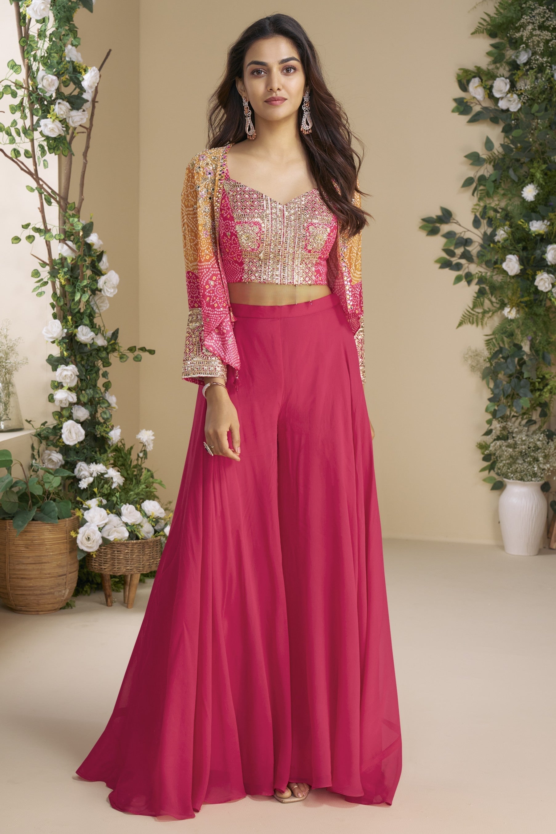 Pink Chinon Silk Palazzo Choli With Jacket For Indian & Pakistani Wedding Festival - Thread & Sequins Embroidery Work, Print Work