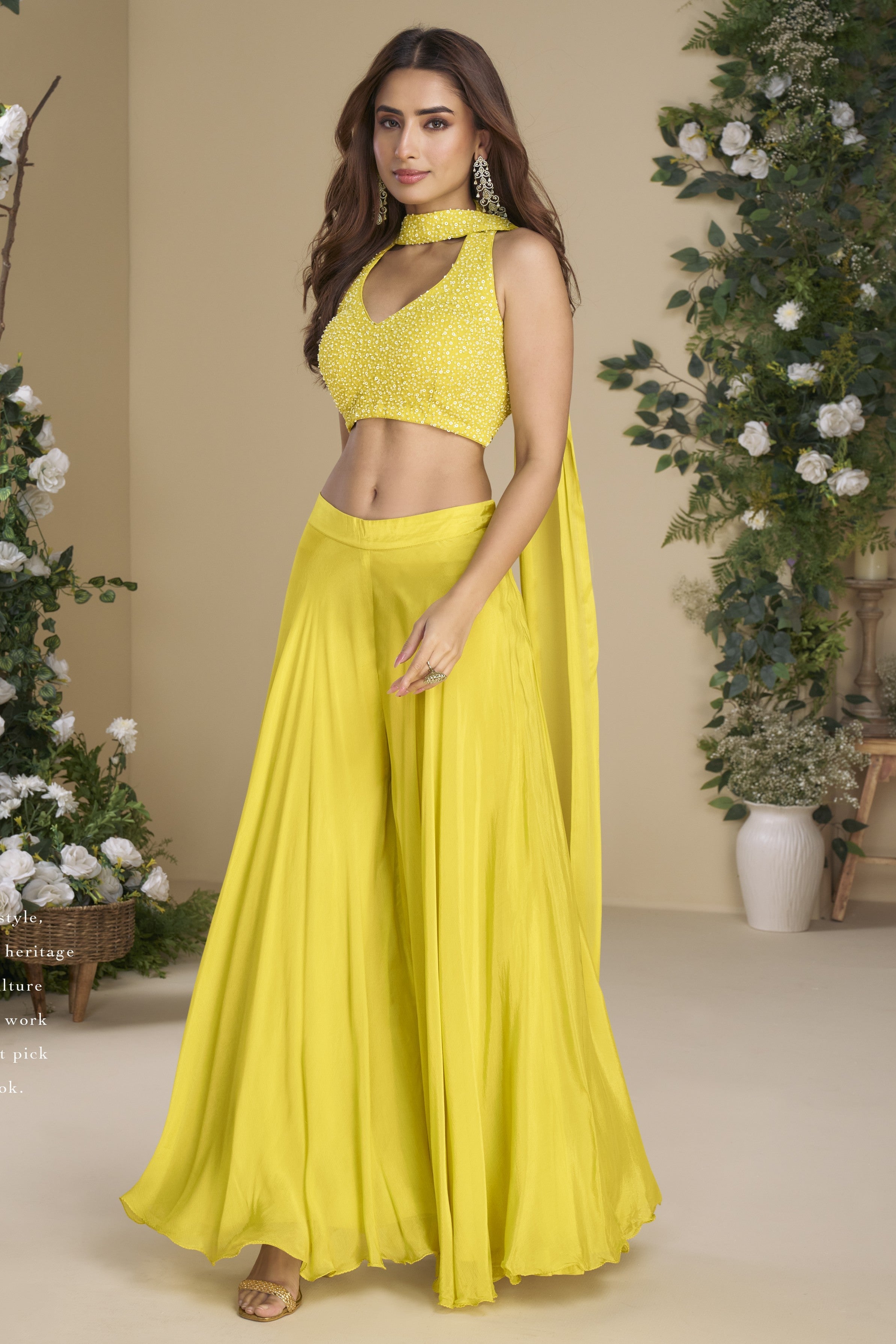 Yellow Chinon Silk Palazzo Choli With Jacket For Indian & Pakistani Wedding Festival - Thread & Sequins Embroidery Work