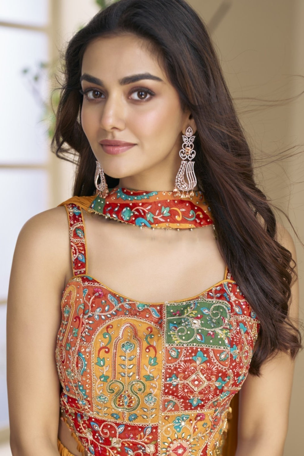 Mustard Chinon Silk Palazzo Choli With Jacket For Indian & Pakistani Wedding Festival - Thread & Sequins Embroidery Work, Print Work