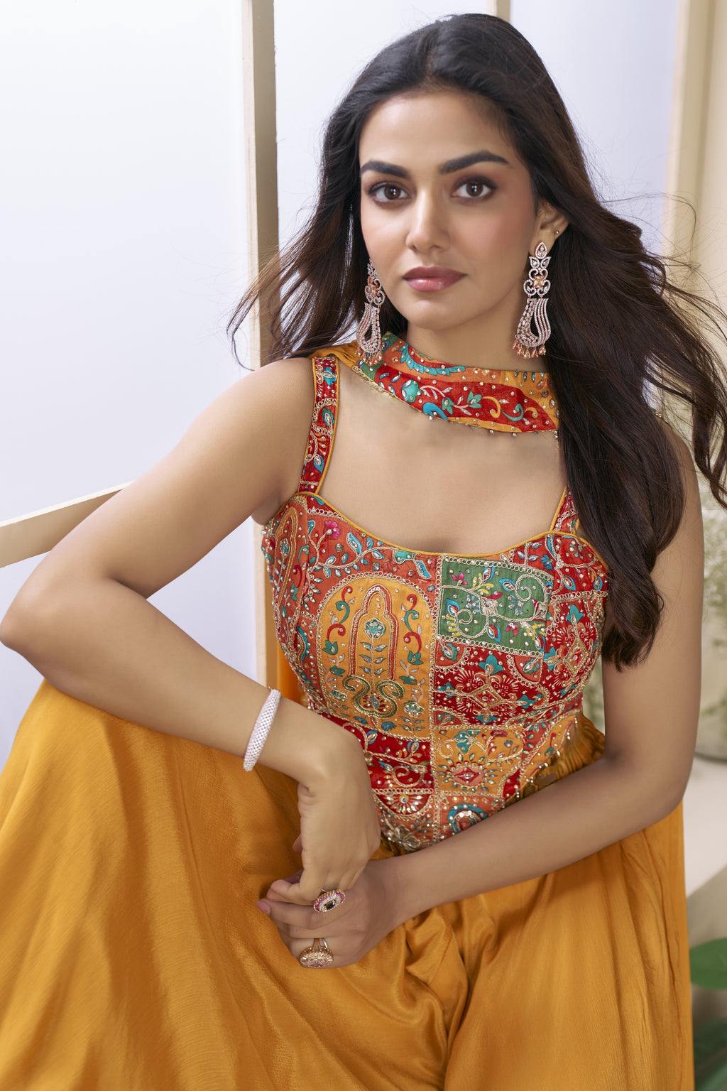 Mustard Chinon Silk Palazzo Choli With Jacket For Indian & Pakistani Wedding Festival - Thread & Sequins Embroidery Work, Print Work