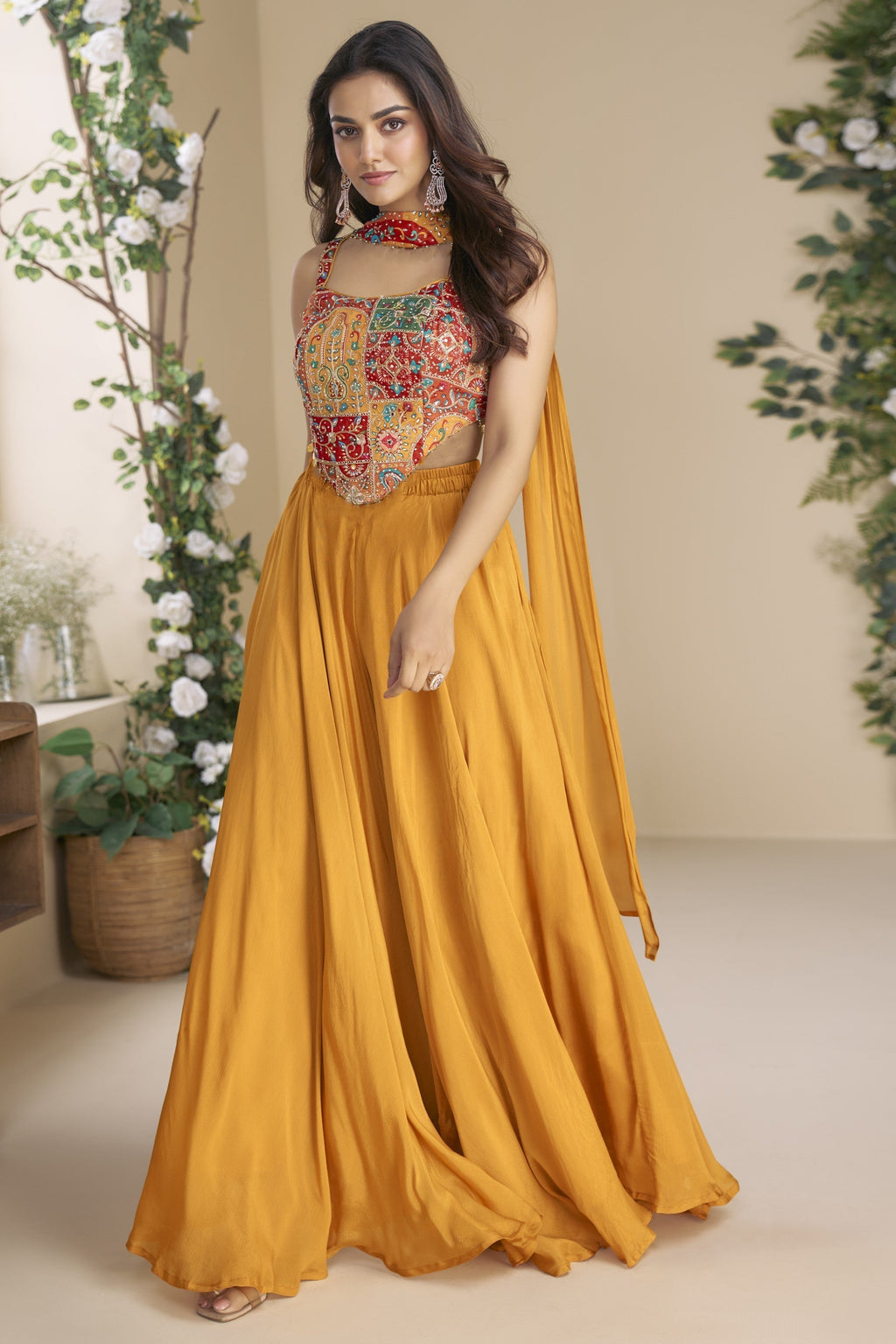 Mustard Chinon Silk Palazzo Choli With Jacket For Indian & Pakistani Wedding Festival - Thread & Sequins Embroidery Work, Print Work