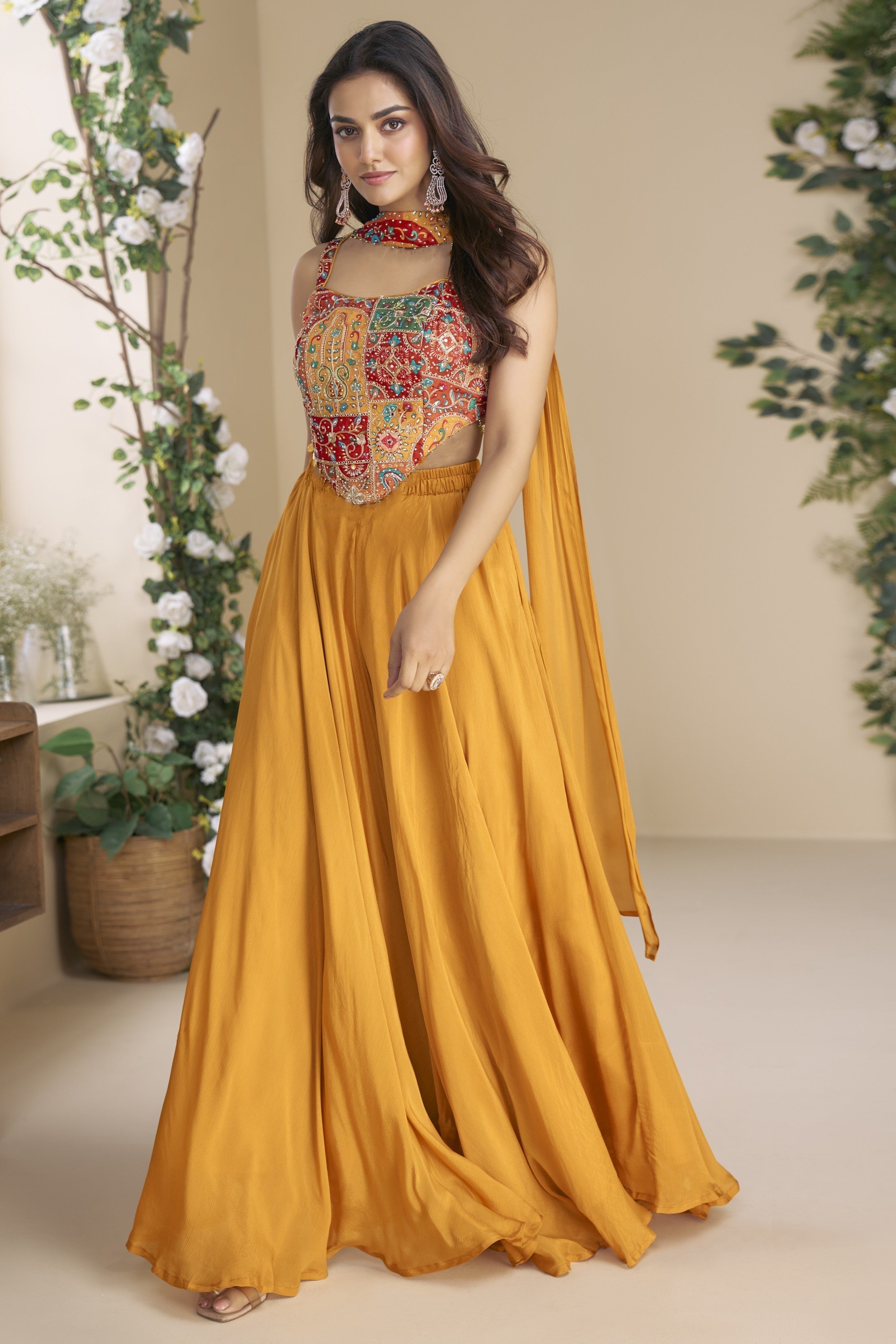 Mustard Chinon Silk Palazzo Choli With Jacket For Indian & Pakistani Wedding Festival - Thread & Sequins Embroidery Work, Print Work