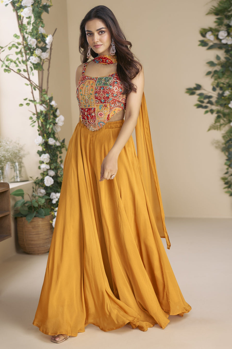 Mustard Chinon Silk Palazzo Choli With Jacket For Indian & Pakistani Wedding Festival - Thread & Sequins Embroidery Work, Print Work