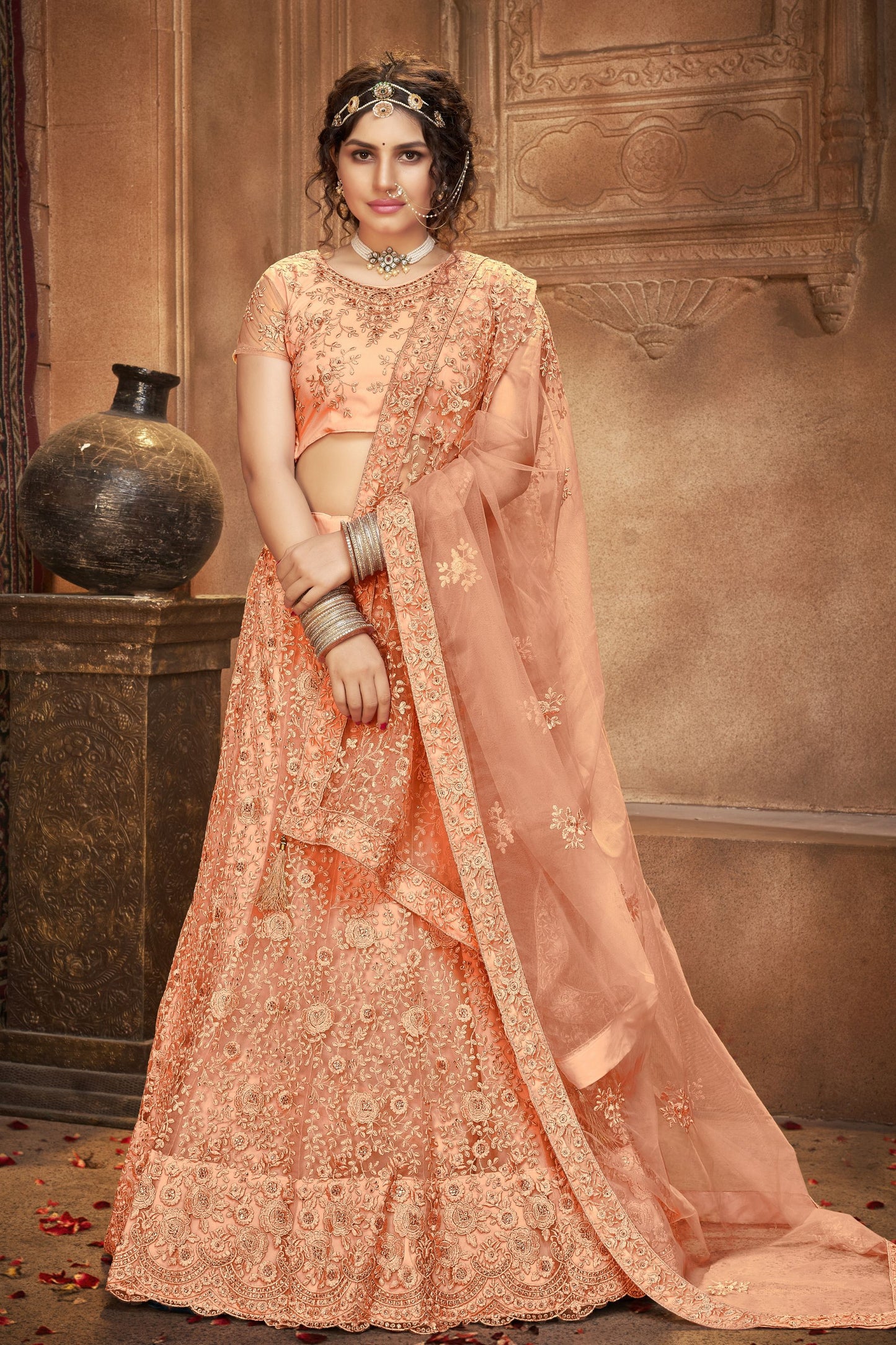 Coral Color Pakistani Net Lehenga Choli For Indian Festivals & Weddings - Sequence Embroidery Work, Thread Embroidery Work,