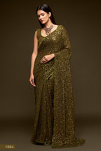 Mahendi Georgette Party Wear Saree with Sequins Embroidery Blouse and Underskirt