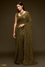 Olive Georgette Glitter Sequins Saree with Sleeveless Blouse & Underskirt