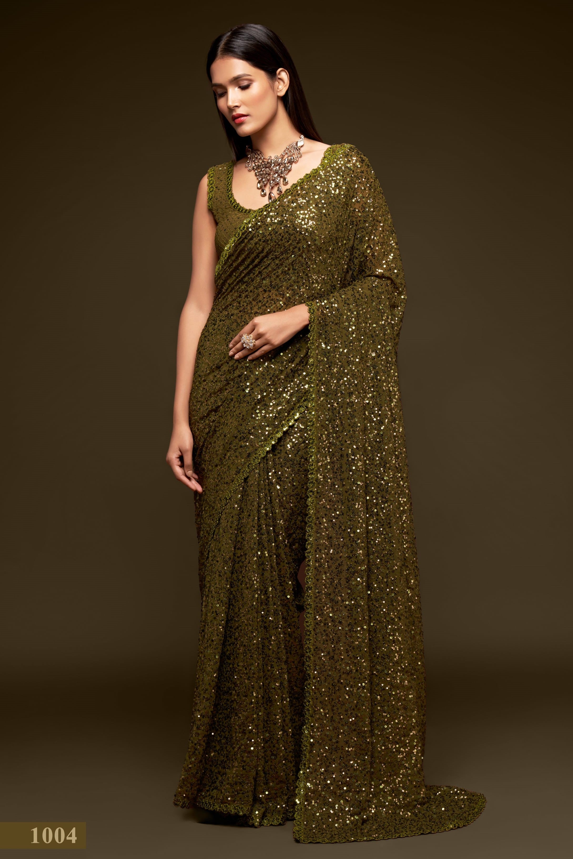 Mahendi Georgette Party Wear Saree with Sequins Embroidery Blouse and Underskirt