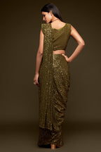 Mahendi Georgette Party Wear Saree with Sequins Embroidery Blouse and Underskirt
