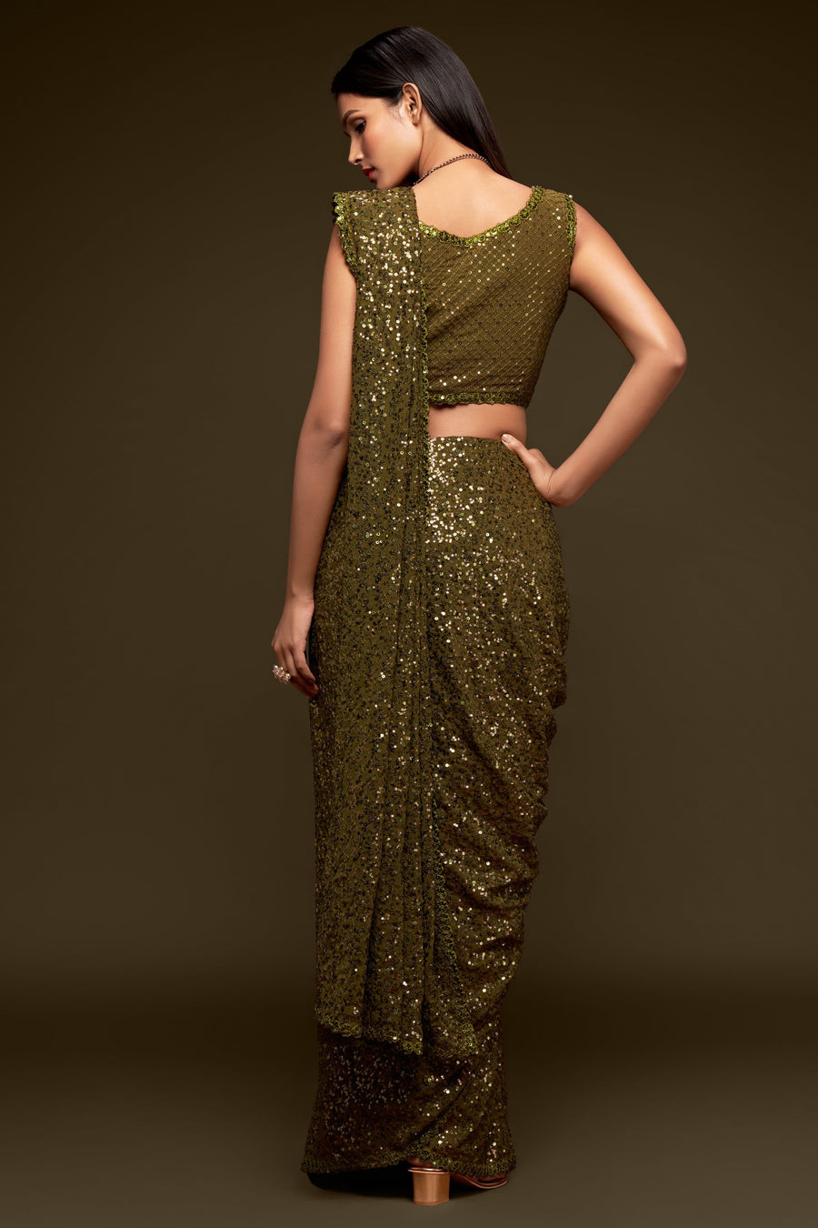 Mahendi Georgette Party Wear Saree with Sequins Embroidery Blouse and Underskirt