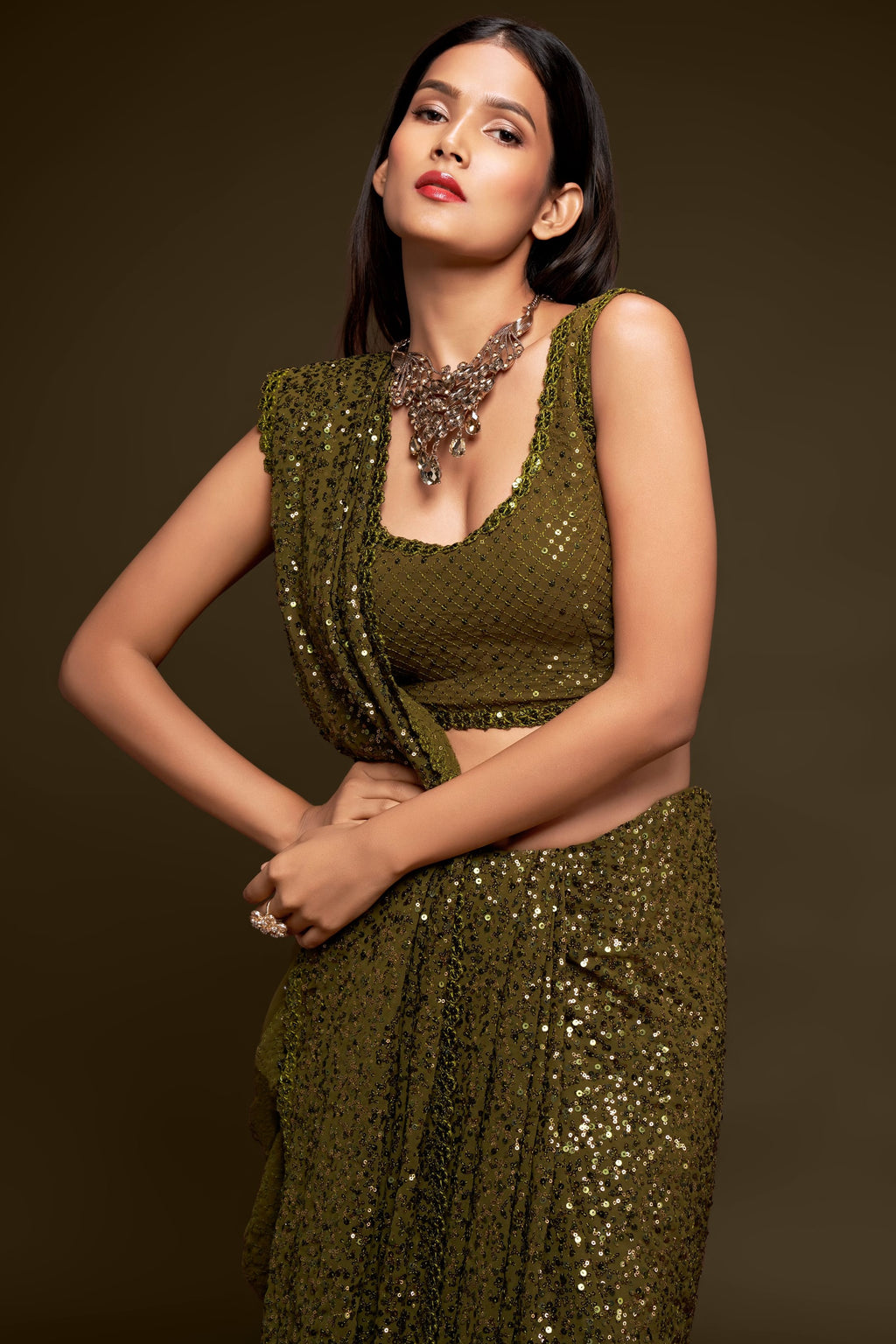 Mahendi Georgette Party Wear Saree with Sequins Embroidery Blouse and Underskirt