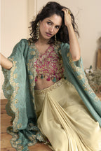 Beige Chinon Silk Plazo Choli With Shrug For Indian & Pakistani Wedding Festival - Thread & Sequins Embroidery Work