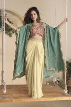 Beige Chinon Silk Plazo Choli With Shrug For Indian & Pakistani Wedding Festival - Thread & Sequins Embroidery Work