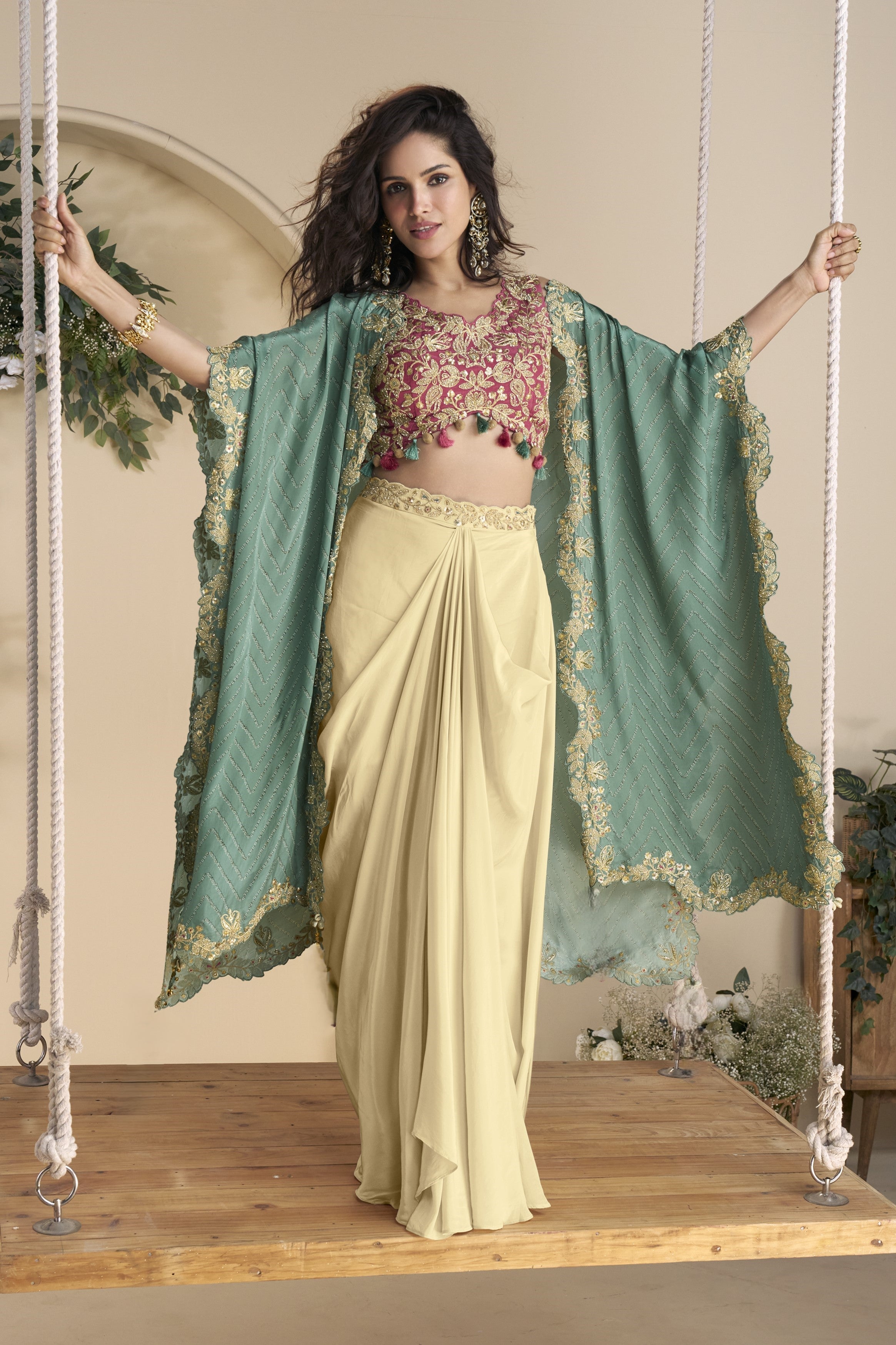 Beige Chinon Silk Plazo Choli With Shrug For Indian & Pakistani Wedding Festival - Thread & Sequins Embroidery Work