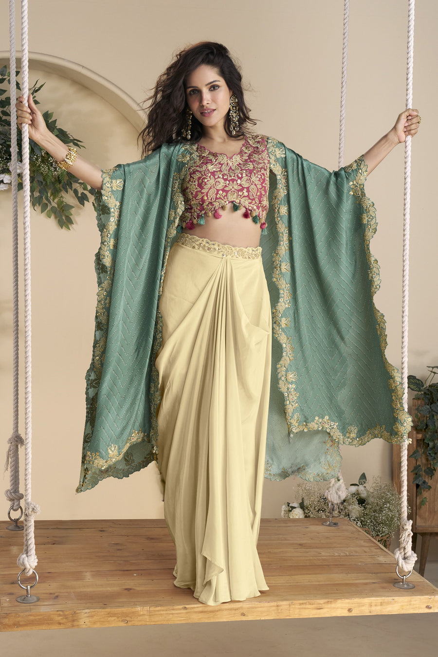 Beige Chinon Silk Plazo Choli With Shrug For Indian & Pakistani Wedding Festival - Thread & Sequins Embroidery Work