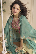 Beige Chinon Silk Plazo Choli With Shrug For Indian & Pakistani Wedding Festival - Thread & Sequins Embroidery Work