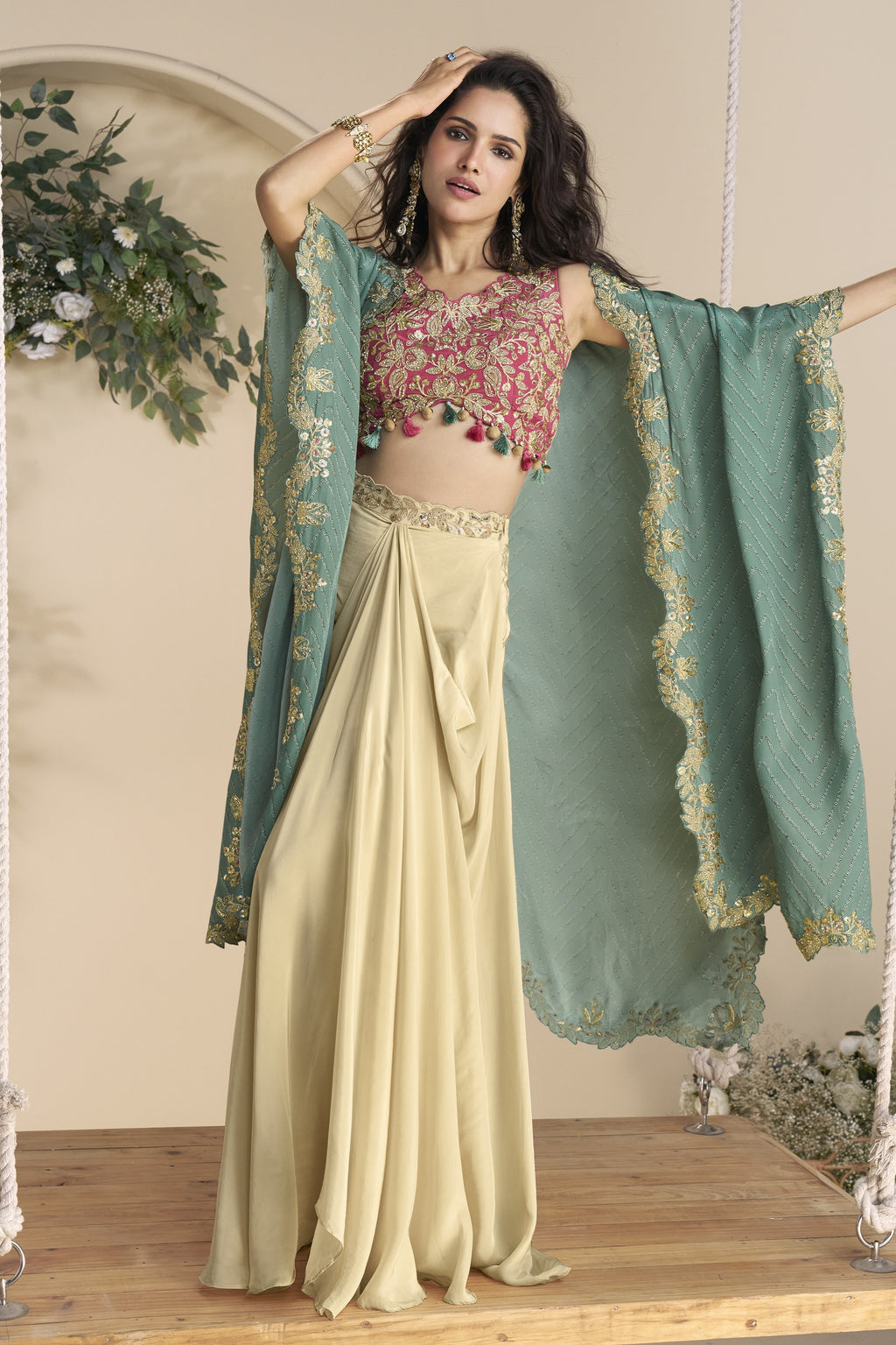 Beige Chinon Silk Plazo Choli With Shrug For Indian & Pakistani Wedding Festival - Thread & Sequins Embroidery Work