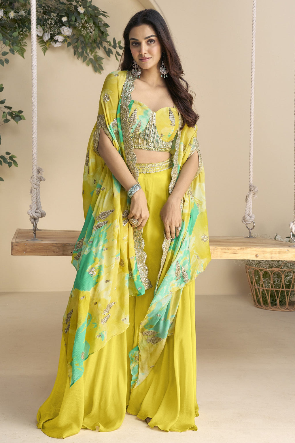 Yellow Chinon Silk Plazo Choli With Shrug For Indian & Pakistani Wedding Festival - Thread & Sequins Embroidery Work, Print Work