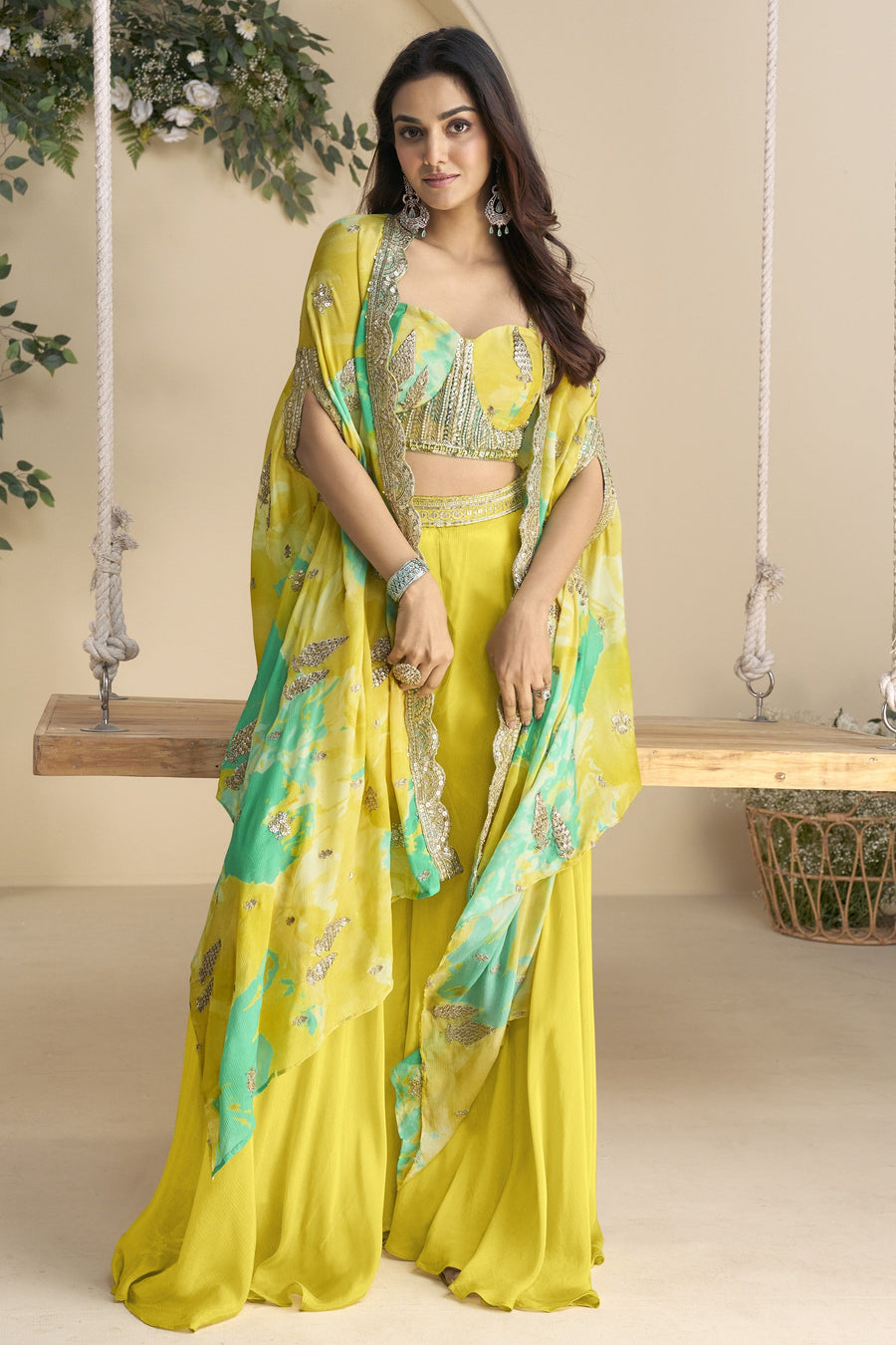 Yellow Chinon Silk Plazo Choli With Shrug For Indian & Pakistani Wedding Festival - Thread & Sequins Embroidery Work, Print Work