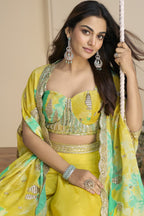 Yellow Chinon Silk Plazo Choli With Shrug For Indian & Pakistani Wedding Festival - Thread & Sequins Embroidery Work, Print Work
