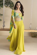 Yellow Chinon Silk Plazo Choli With Shrug For Indian & Pakistani Wedding Festival - Thread & Sequins Embroidery Work, Print Work